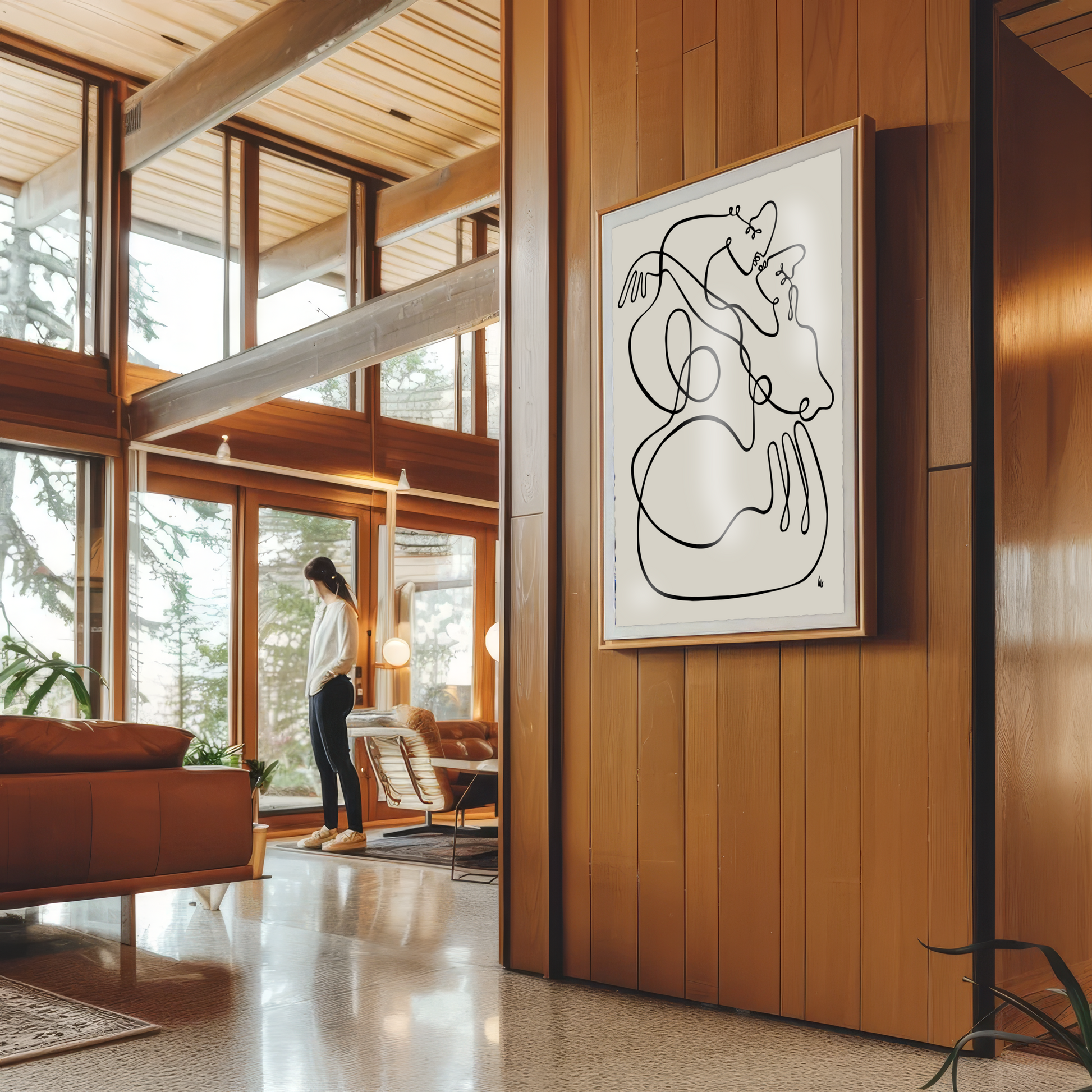 original artwork by Lilo on Paper - no limits - midcentury art - interior design art "Timeless Love: Minimalist Line Art of Lovers in Midcentury Modern Luxury Home"
Discover the captivating beauty of a minimalist line drawing depicting two lovers on the brink of a kiss. This exquisite artwork, created with a single continuous line, captures the intimate connection between two souls in an elegantly simple form. Set against the backdrop of a stunning midcentury modern home, this piece perfectly embodies the