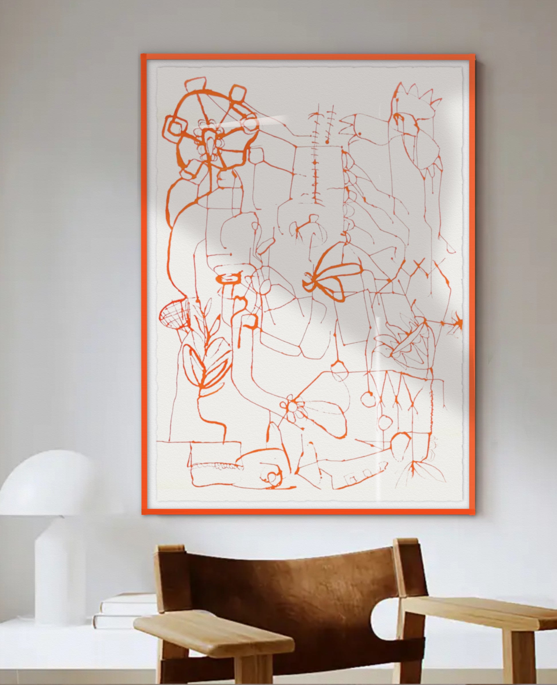 orange abstract painting by Lilo on Paper hanging in e mid century home art for sale luxury original pieces