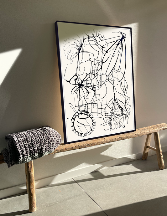 blue abstract painting by Lilo on Paper, shown in a house in Joshua Tree, available