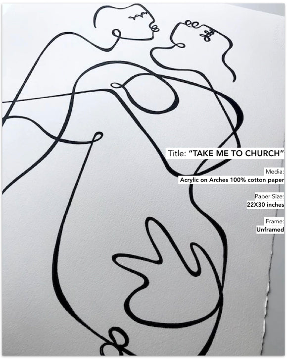 Lilo on Paper art continuous line drawing take me to church original one of a kind proposal artwall hallwall interior
